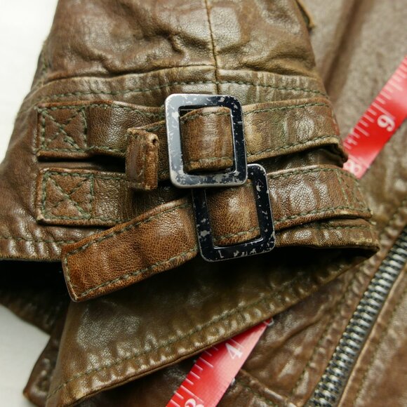 100% Leather Brown Moto Jacket Lined Two Zippered Pockets Adjustable Side Stra - Picture 5 of 7